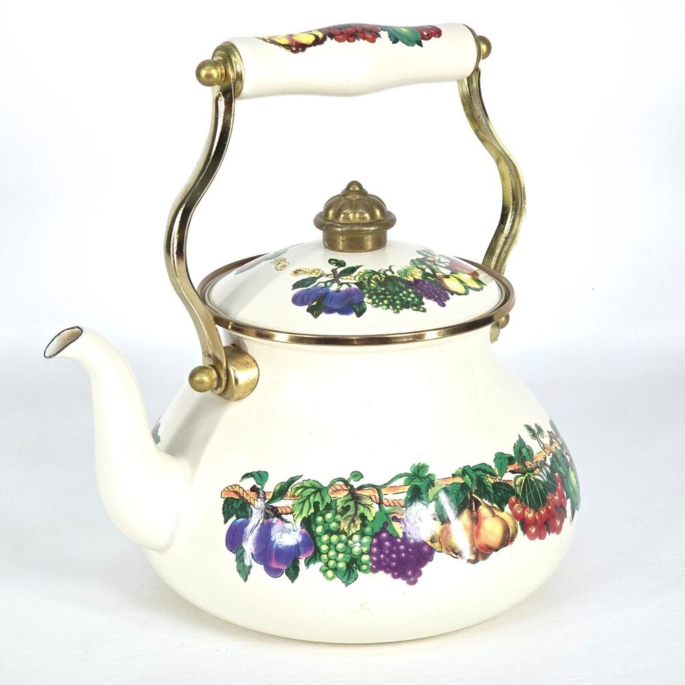Vintage Metro Enamel‎ Teapot Vitroceramic VHTF Fruit Handle Kitchen Collectible